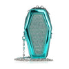 The Rhinestone Coffin Style Petite Patent Shoulder Bag features metallic turquoise faux leather, rhinestone embellishments on the front, and a silver chain strap, displayed against a white background.