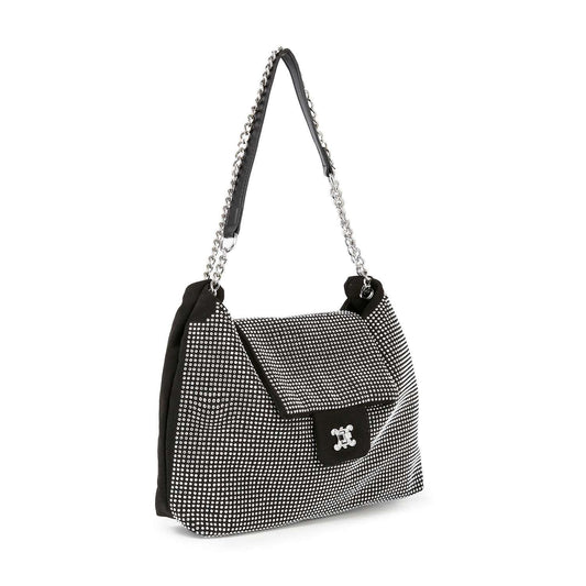 The Front Flap Rhinestone Shoulder Bag is a black faux leather handbag with a silver chain strap, sparkling rhinestone flap, and silver logo—perfect for nights out, with tablet-compatible convenience.