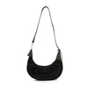 The Rhinestone Covered Hobo Shoulder Bag is a black crescent-shaped bag adorned with shiny rhinestones and features a long adjustable strap.