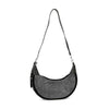 The Rhinestone Covered Hobo Shoulder Bag features a black crescent shape, adjustable strap, mesh-like surface with silver studs, faux leather corner accents, and a secure zipper closure for stylish everyday use.