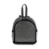 The Ultra Petite Rhinestone Fashion Backpack is a small black faux leather bag with sparkling silver studs, a top handle, and zipper closure—offering a chic, hands-free accessory.