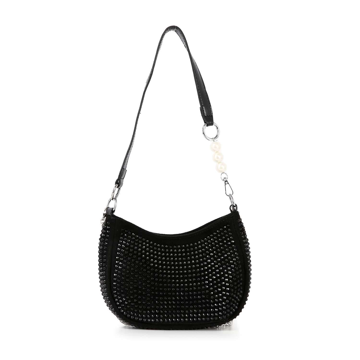 The Rhinestone Accented Petite Shoulder Bag features black faux leather, silver stud details, a curved silhouette, a handle with pearl-like beads, and a detachable chain strap for versatile styling.