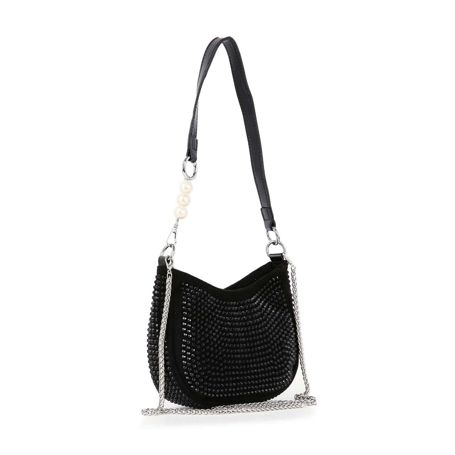 The Rhinestone Accented Petite Shoulder Bag features black faux leather with a textured beaded surface, a black strap adorned with three pearls, and a draped silver detachable chain strap.