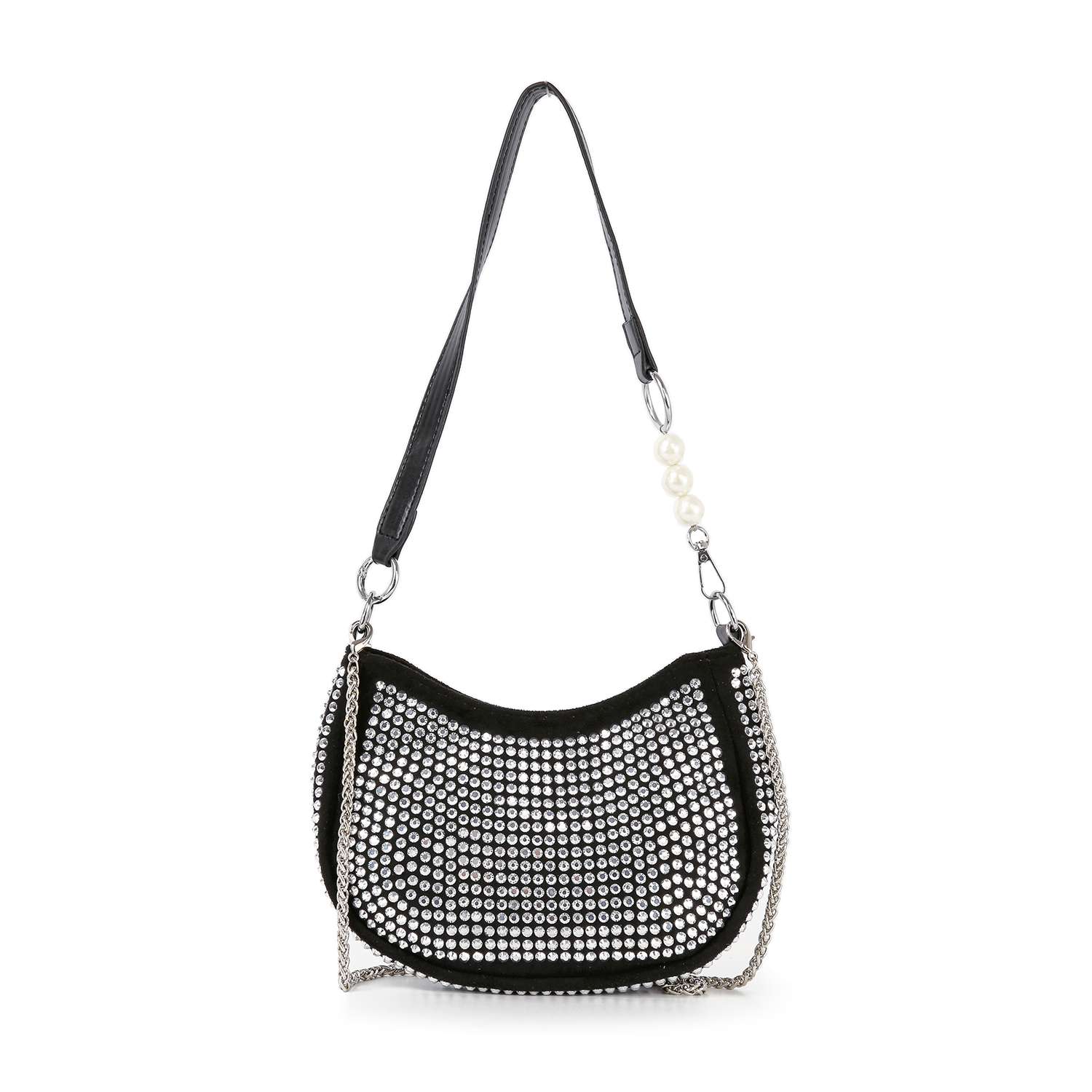 The Rhinestone Accented Petite Shoulder Bag is a small black faux leather bag with a silver chain-accented black strap and decorative white pearls on one side, adding a touch of elegance.