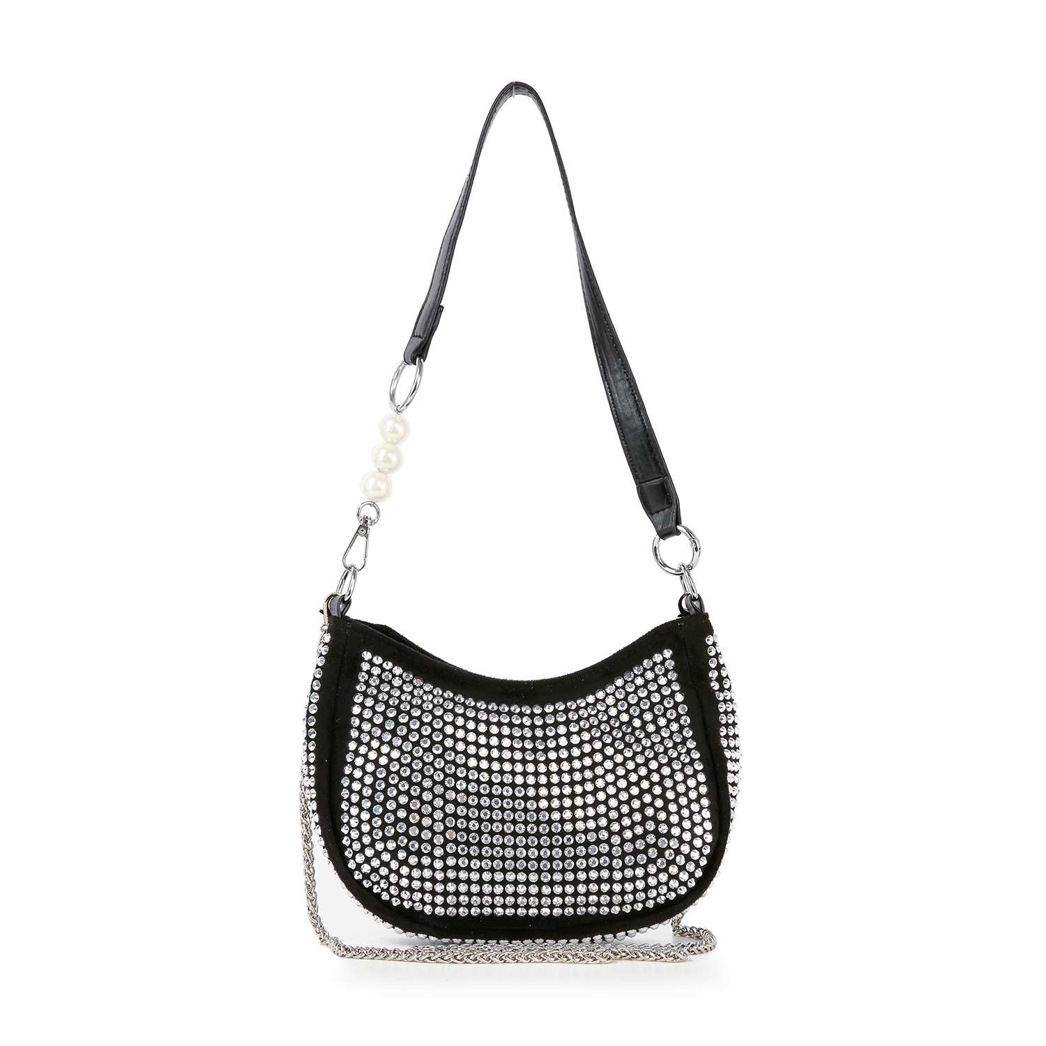 The Rhinestone Accented Petite Shoulder Bag in black features silver rhinestones, pearls, faux leather, a decorative strap, and a detachable chain strap for versatile style.