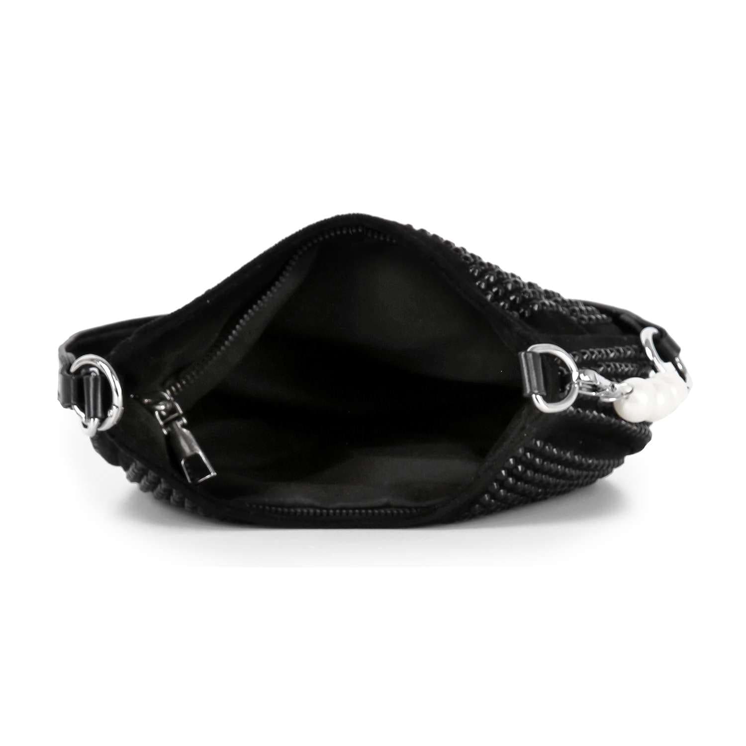 The Rhinestone Accented Petite Shoulder Bag is shown from above with its zipper open, displaying an empty interior. It features silver hardware, a white decorative charm on the side, and a detachable chain strap for versatile styling.