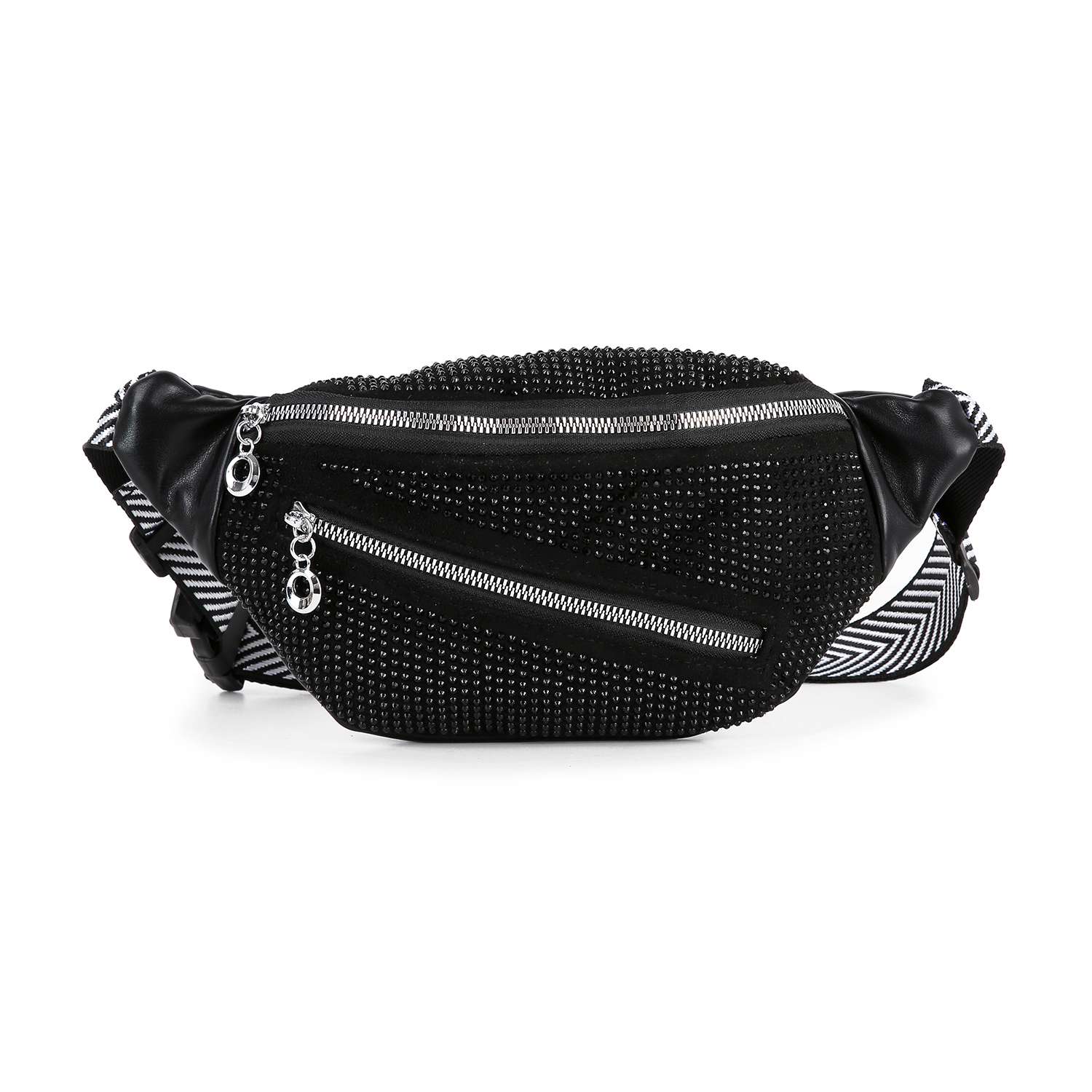The Rhinestone Front Crossbody Sling is a black faux leather fanny pack with silver rhinestone-studded zippers and an adjustable chevron-patterned strap.