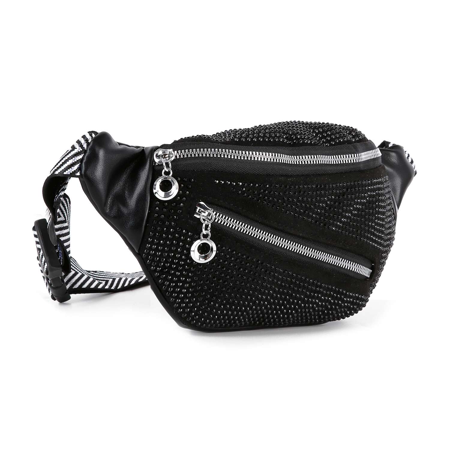 The Rhinestone Front Crossbody Sling features a black studded faux leather design with two silver zippered pockets and a black-and-white striped adjustable strap.