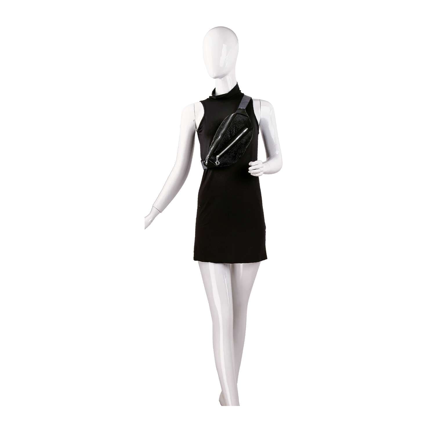 A mannequin wears a sleeveless black dress and the Rhinestone Front Crossbody Sling, posed with one arm slightly bent and the other extended against a plain white background.