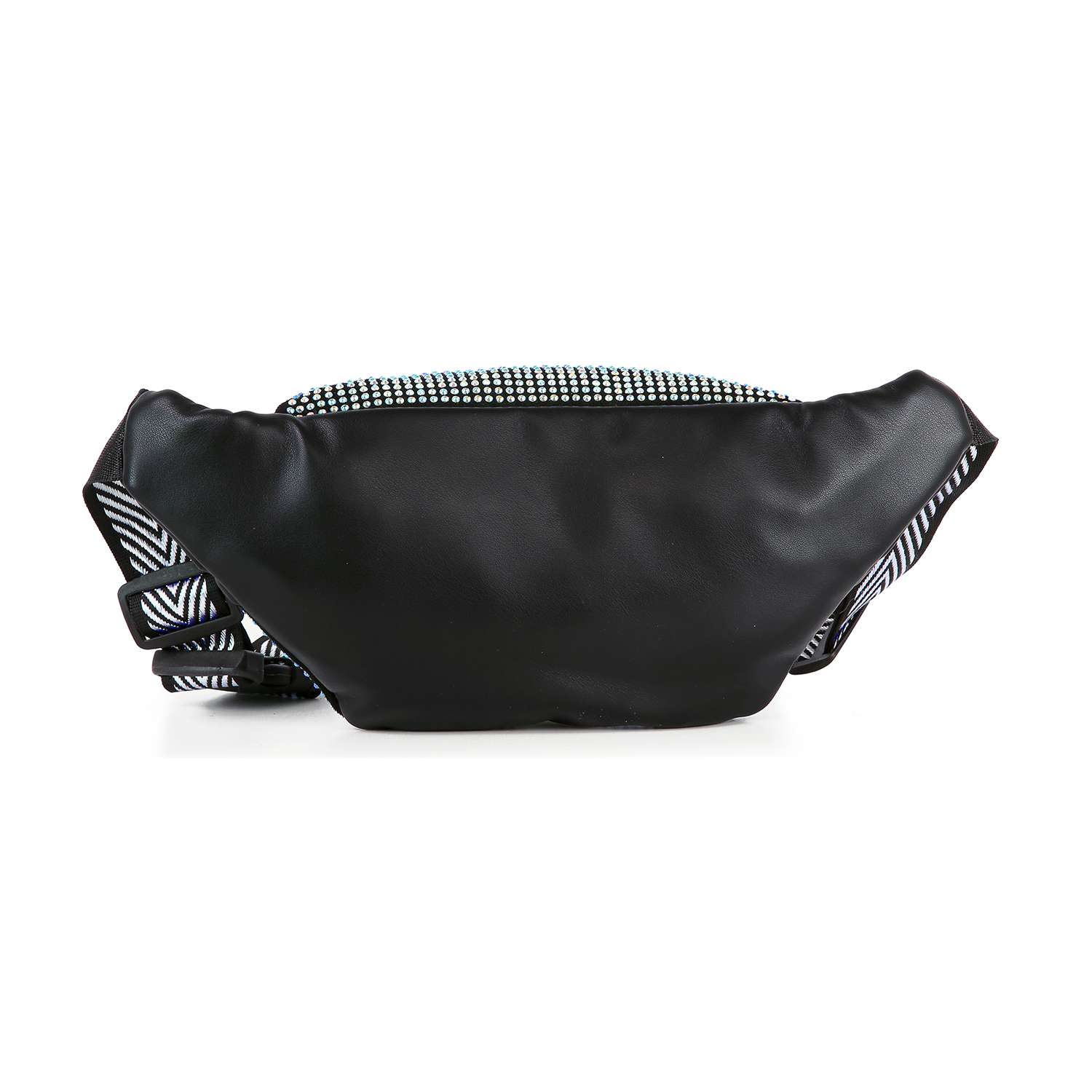 The Rhinestone Front Crossbody Sling is a black faux leather bag with a smooth rhinestone-embellished front, patterned adjustable straps, and a top zipper. Stylish and functional, its perfect for everyday use against any backdrop.