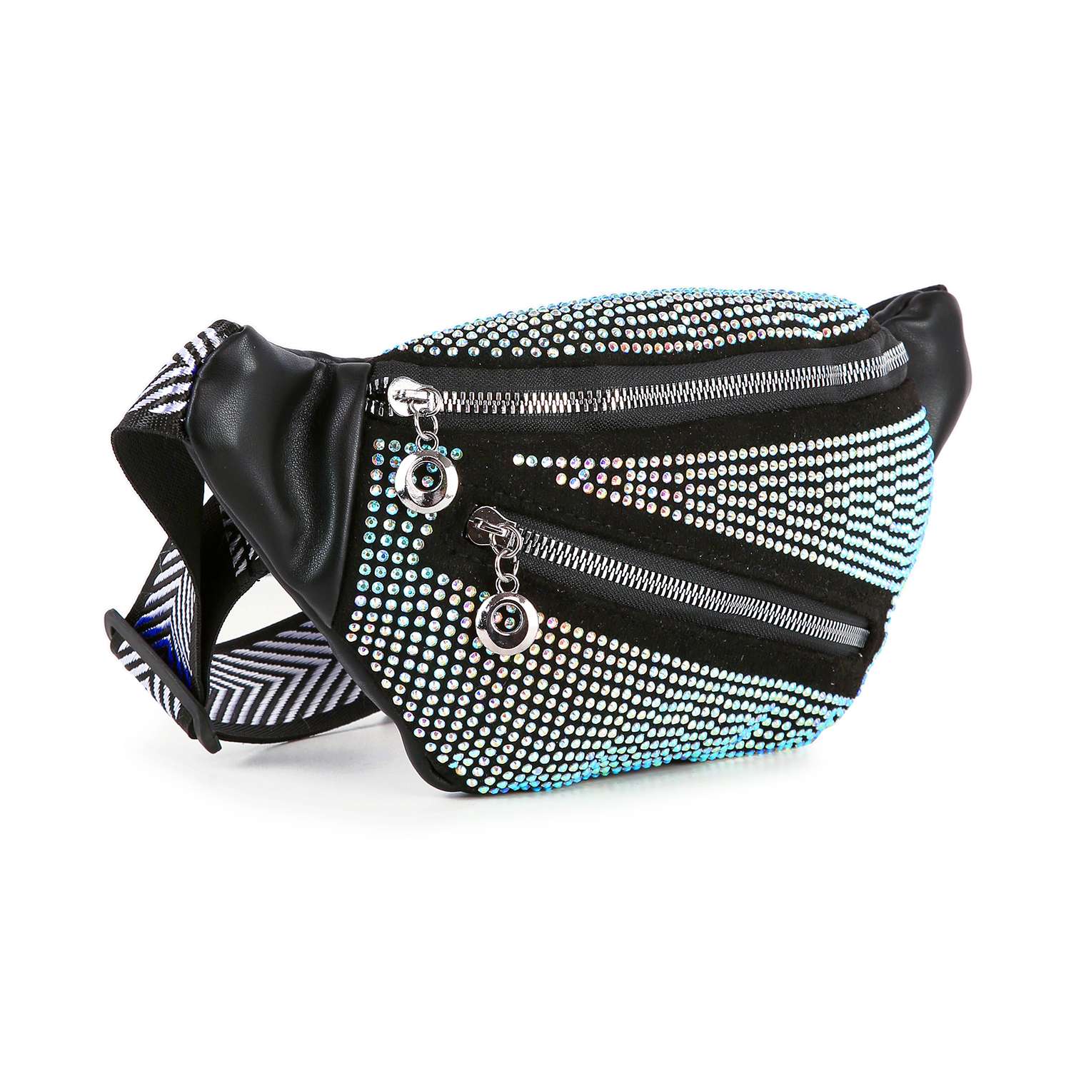 The Rhinestone Front Crossbody Sling is a black faux leather bag with sparkling rhinestones, two zippered compartments with silver pulls, and an adjustable black-and-white chevron strap—perfect for adding chic style to any outfit.