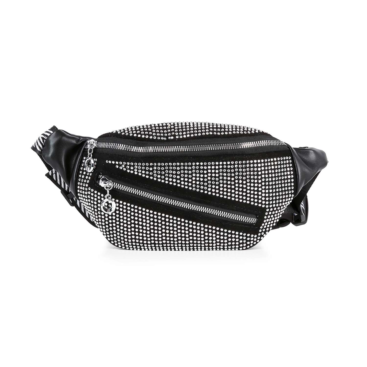 The Rhinestone Front Crossbody Sling is a black faux leather sling bag with rows of shiny rhinestones, two zippered compartments with silver pulls, and black leather side accents.