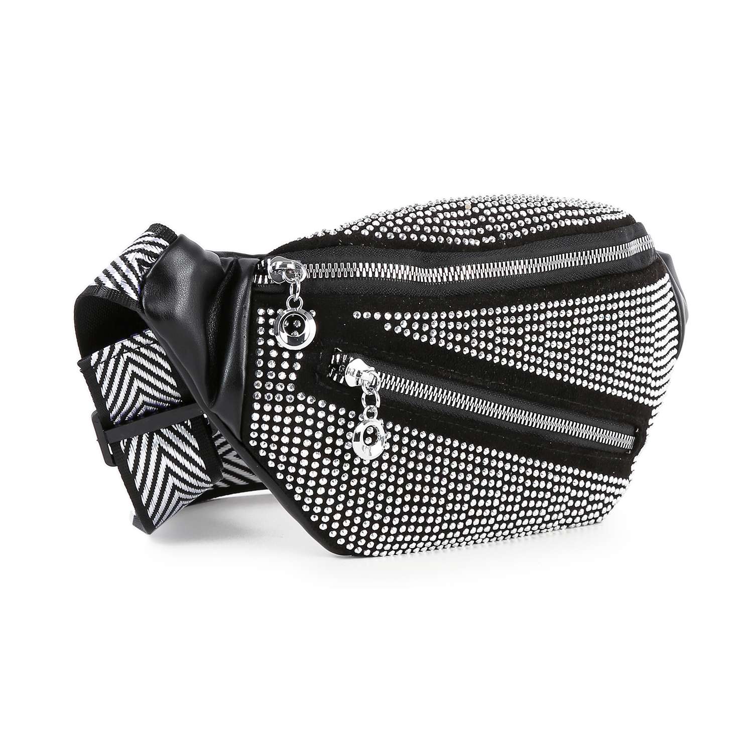 The Rhinestone Front Crossbody Sling is a black and white faux leather bag with studs, two zippered compartments, metallic zipper pulls, and an adjustable strap with a geometric pattern.