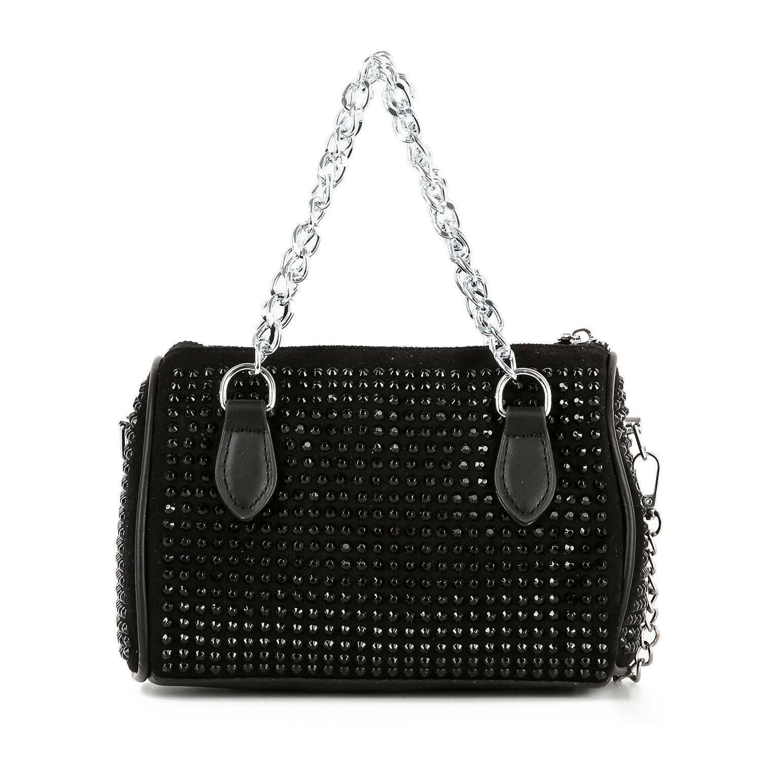 The Chain Handle Rhinestone Evening Bag features black leather accents, silver handles, and a studded chain strap, shown against a white background.
