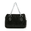 The Chain Handle Rhinestone Evening Bag features black leather accents, silver handles, and a studded chain strap, shown against a white background.