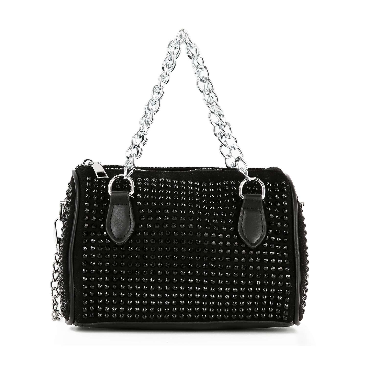 The Chain Handle Rhinestone Evening Bag features rows of sparkling rhinestones, silver chain handles, and black leather accents at the ends, shown against a white background.