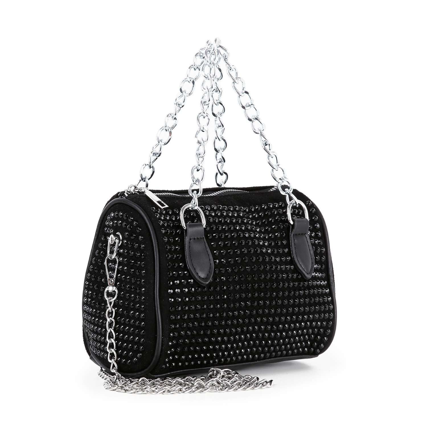 The Chain Handle Rhinestone Evening Bag is a black purse with small studs, double silver chain handles, and a matching chain shoulder strap, displayed on a white background.