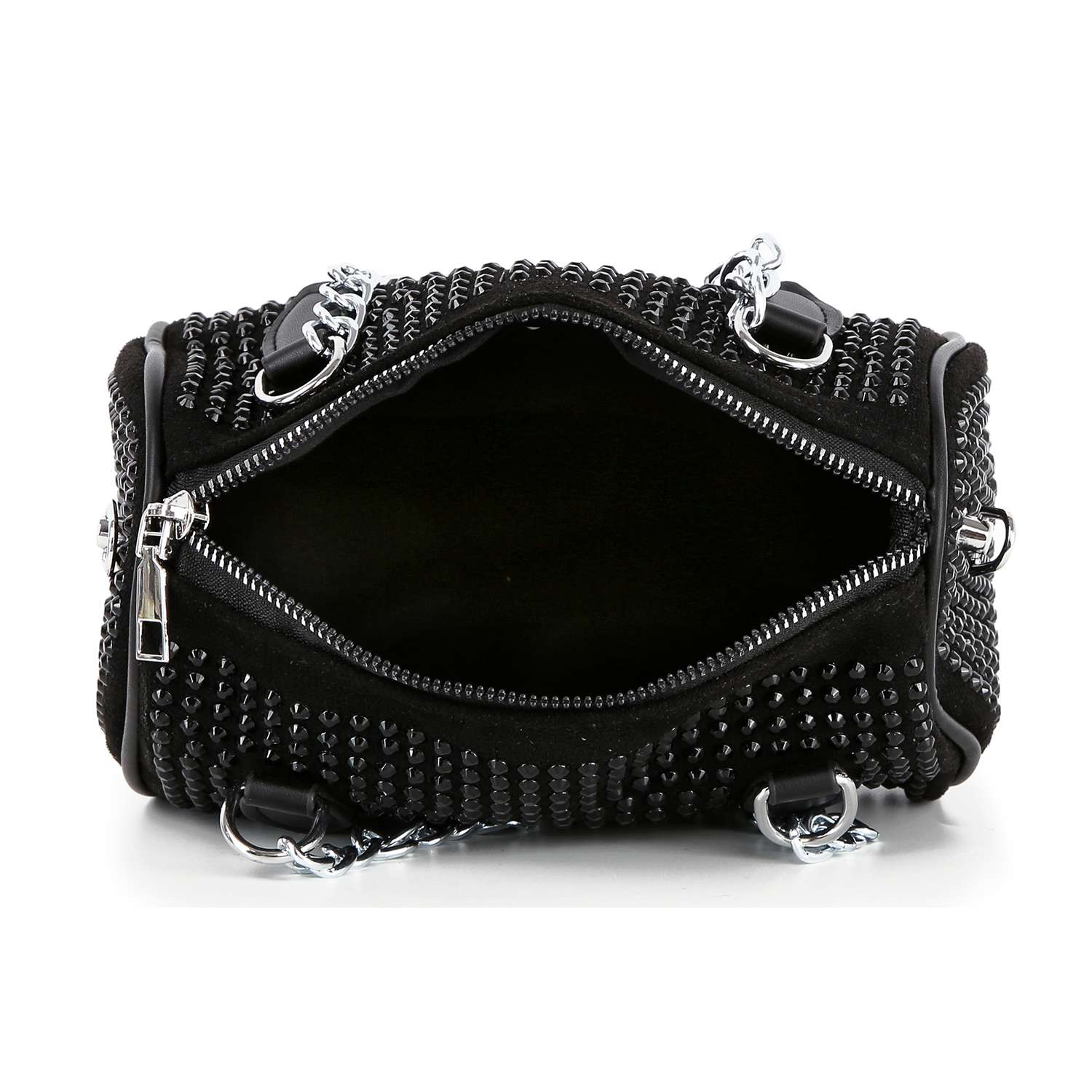 The Chain Handle Rhinestone Evening Bag is a petite black evening bag with silver chain straps, studded with rhinestones, and an open zippered top revealing an empty interior.