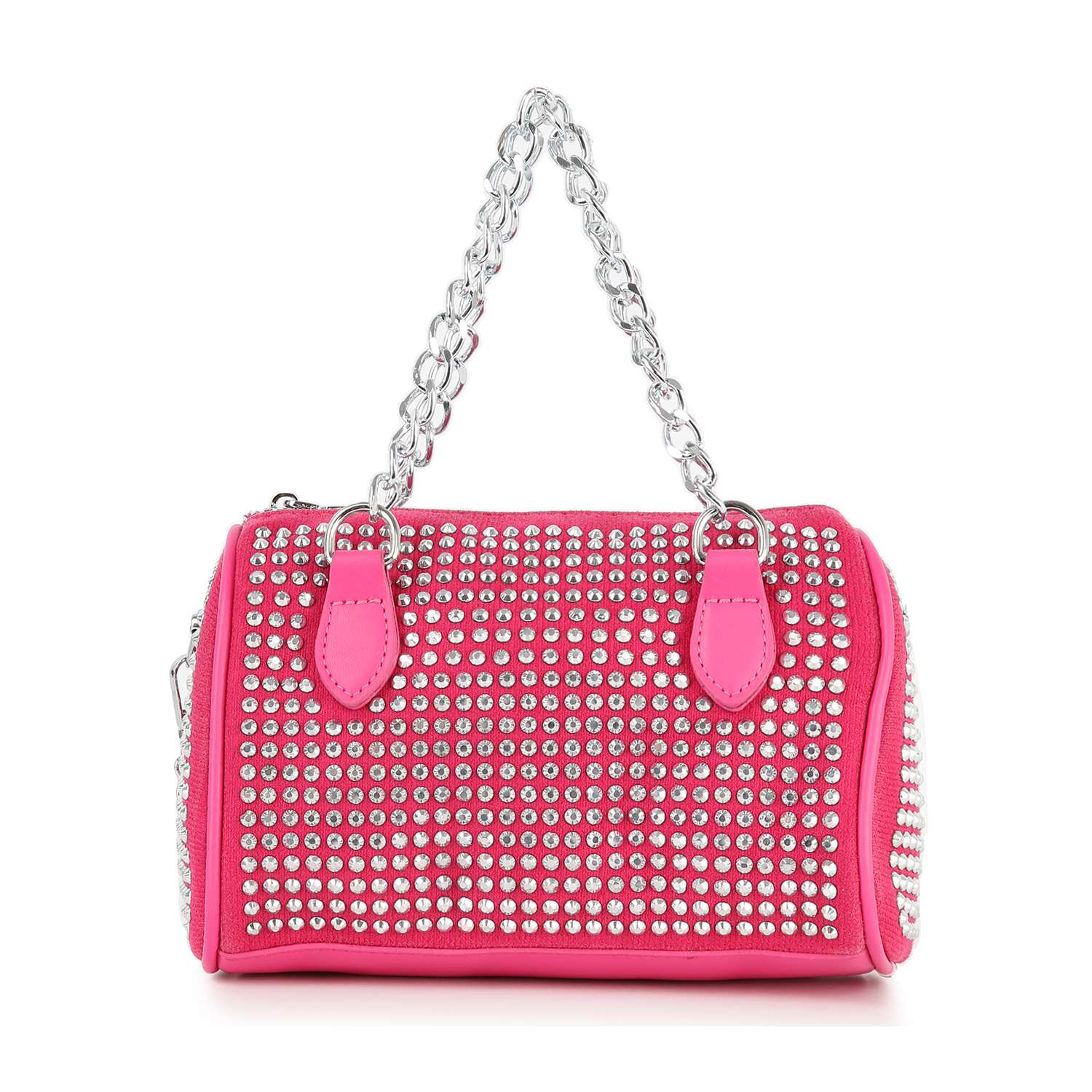 The Chain Handle Rhinestone Evening Bag is a small, bright pink bag adorned with silver rhinestones and studs, featuring two short silver chain handles with pink leather accents at the ends.