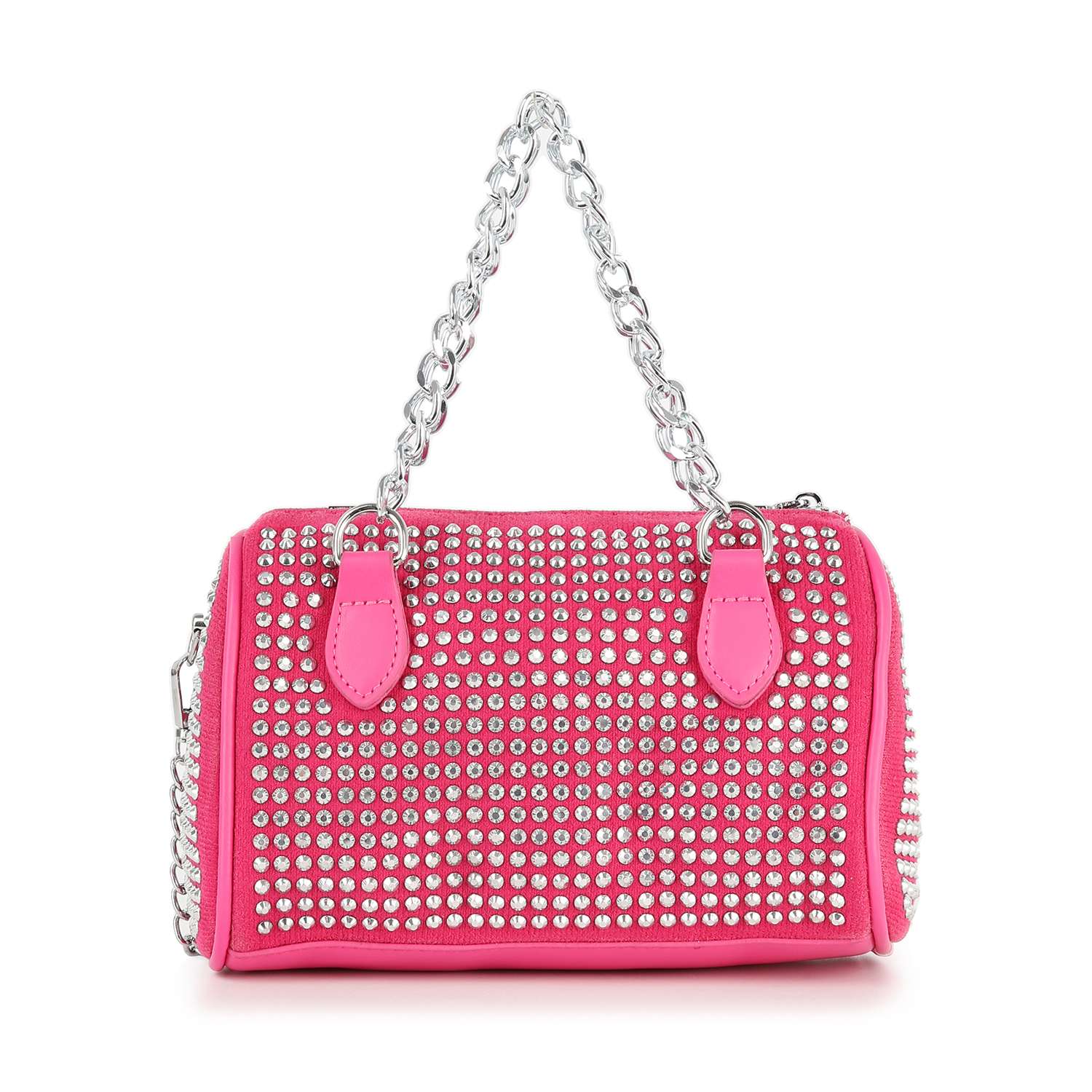 The Chain Handle Rhinestone Evening Bag is a small, bright pink evening bag adorned with shiny silver studs. It features two short chain handles with pink accents and a zippered top.