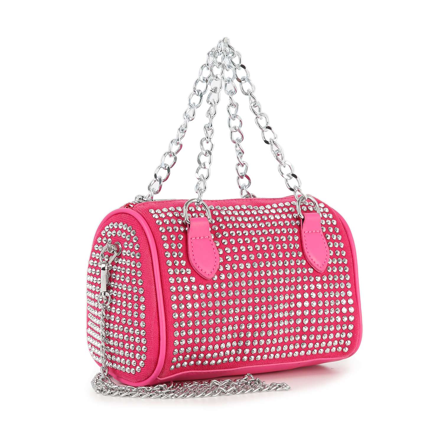 The Chain Handle Rhinestone Evening Bag is a petite, cylindrical pink purse adorned with silver studs, pink handles, a chunky silver chain strap, and a side zipper closure.