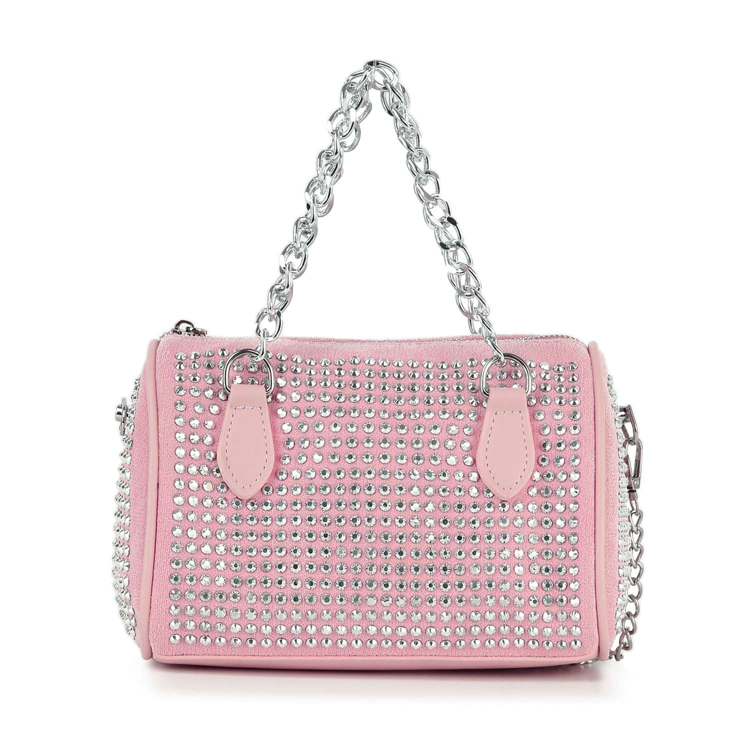 The Chain Handle Rhinestone Evening Bag is a petite pink evening bag with rows of shiny rhinestones, a silver chain handle, silver hardware, and a rectangular zippered design.