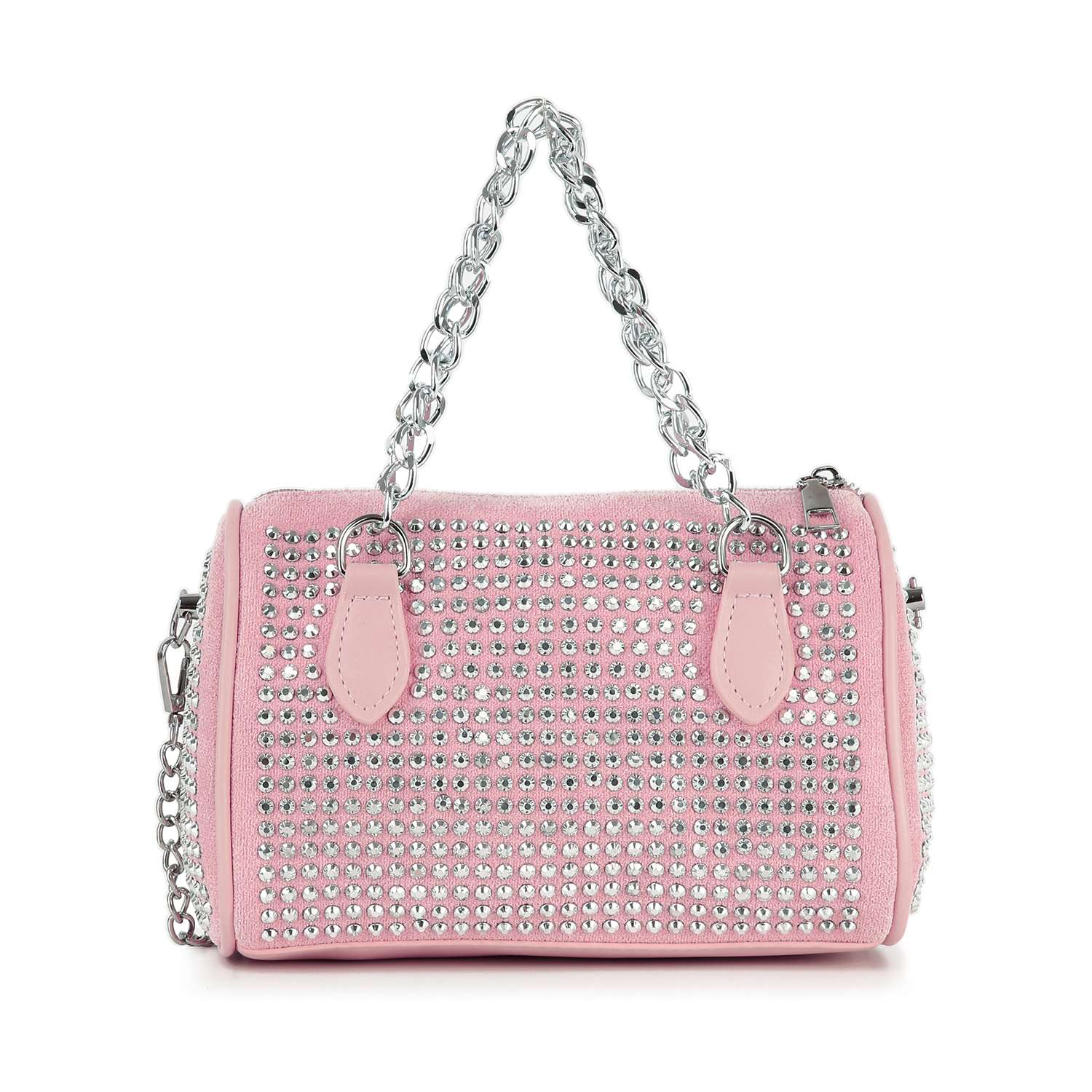 The Chain Handle Rhinestone Evening Bag is a petite pink evening bag decorated with rows of shiny silver studs and two pink handles on thick silver chain straps.
