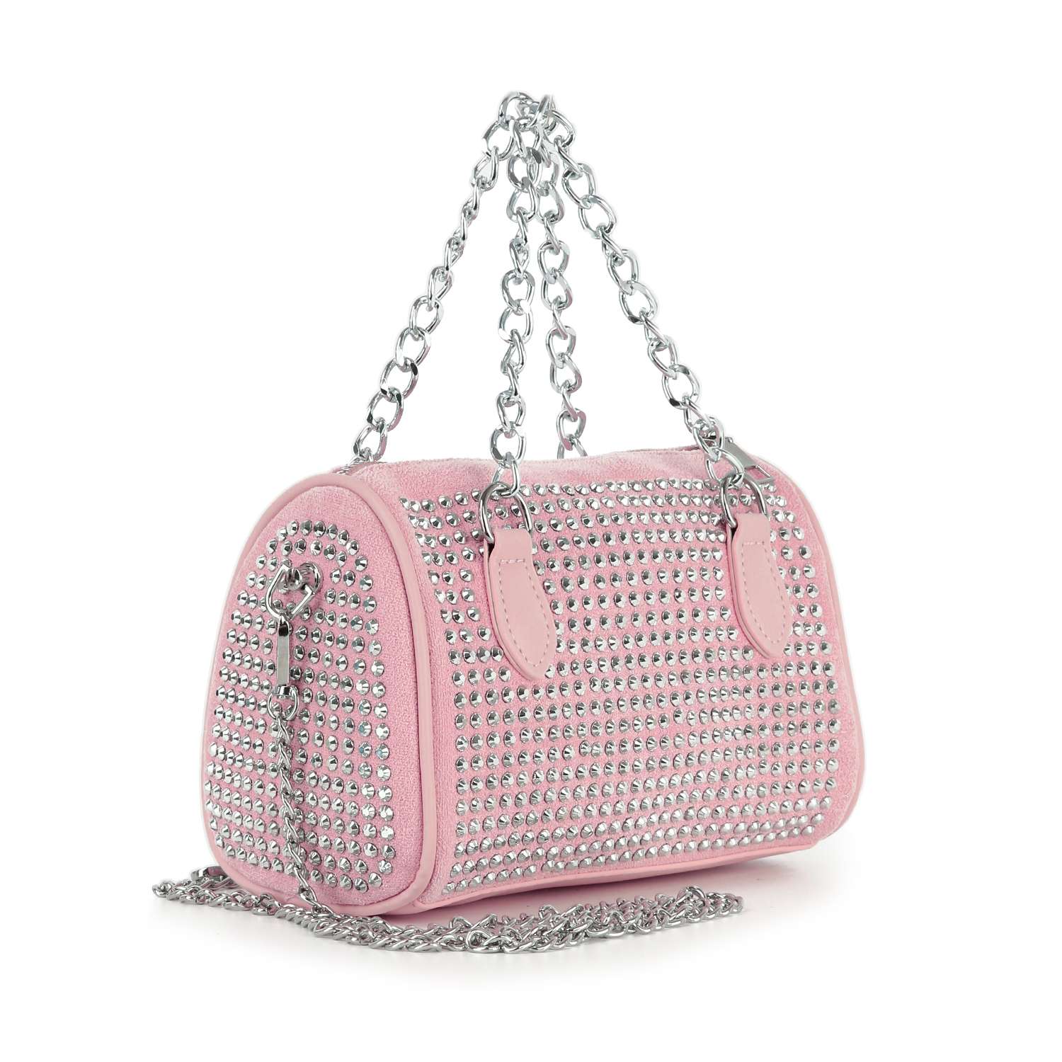 The Chain Handle Rhinestone Evening Bag is a petite pink evening bag with silver rhinestones, chain strap and handles, and decorative detailing for an elegant touch.