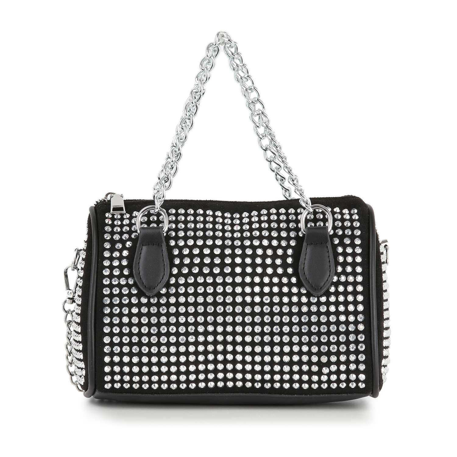 The Chain Handle Rhinestone Evening Bag is a petite black purse with a boxy shape, silver chain handles, rhinestone embellishments, black leather accents, and a top zipper closure—perfect for adding edge to any night out.