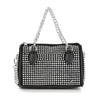 The Chain Handle Rhinestone Evening Bag is a petite black purse with a boxy shape, silver chain handles, rhinestone embellishments, black leather accents, and a top zipper closure—perfect for adding edge to any night out.