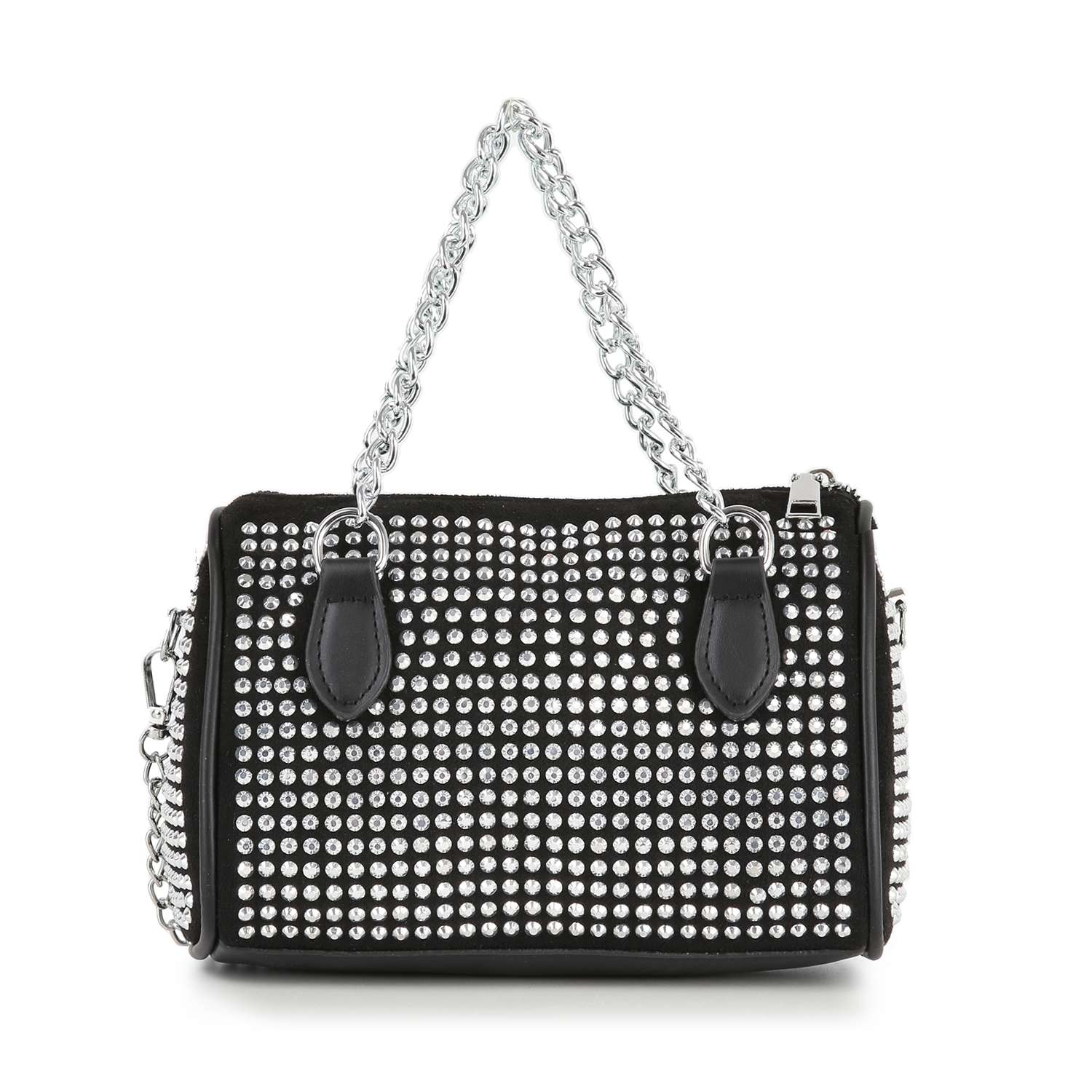 The Chain Handle Rhinestone Evening Bag is a petite black handbag with sparkling rhinestones, two short chain handles, and black leather base accents for a chic statement look.