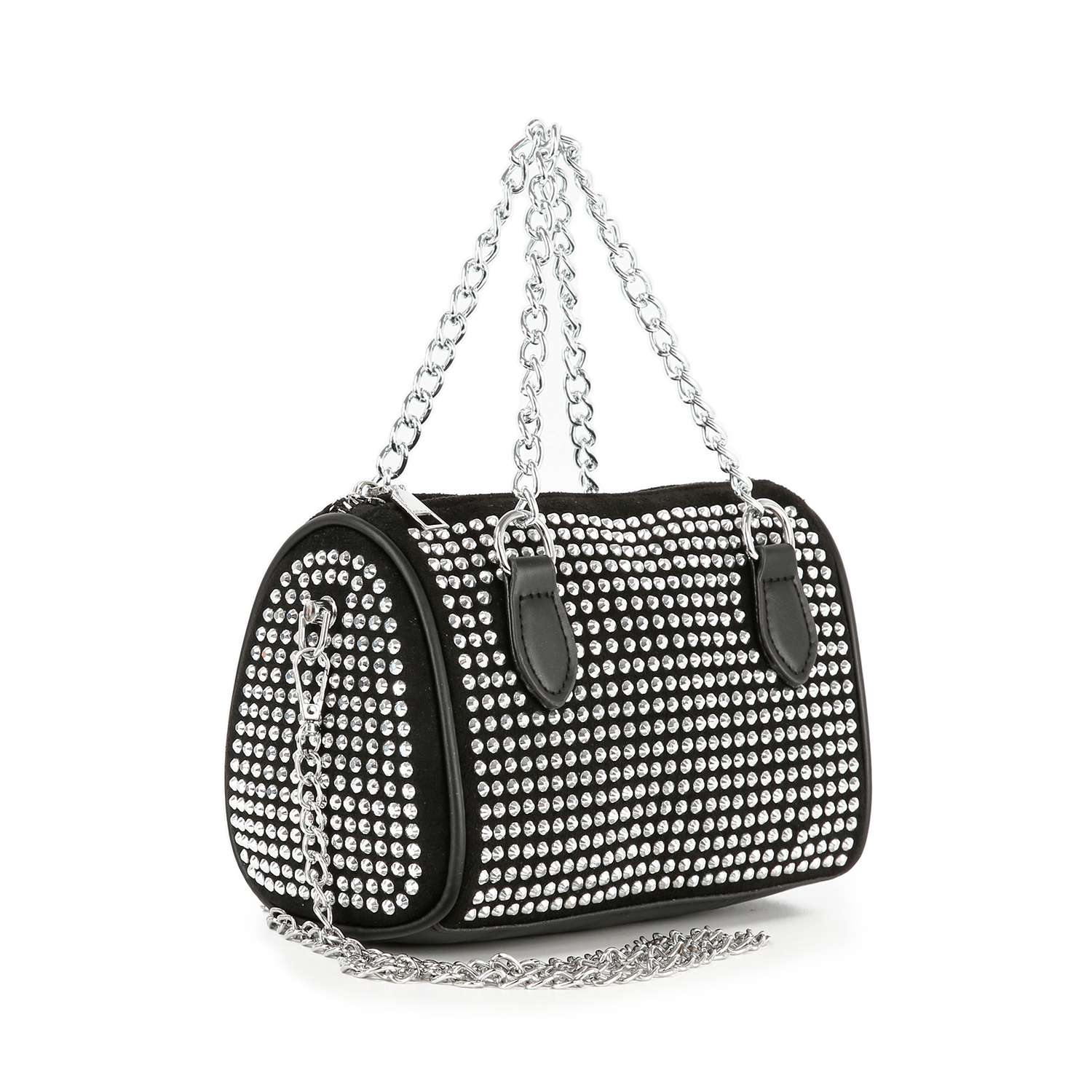 The Chain Handle Rhinestone Evening Bag is a black barrel-shaped petite purse with silver studs, dual silver chain handles, and black leather accents near the handles for a modern, edgy look.