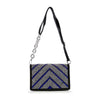 The Ultra Petite Sparkling Shoulder Bag is crafted from faux leather, featuring a beaded chain strap and silver and blue rhinestones in a chevron pattern on the front.