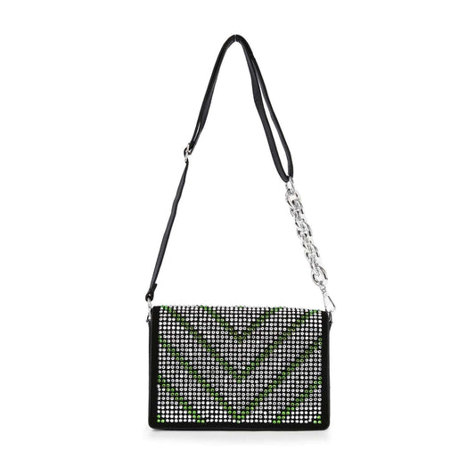 The Ultra Petite Sparkling Shoulder Bag is a rectangular black faux leather design with a beaded chain strap and a front flap adorned with an angled pattern of small, shiny silver studs.
