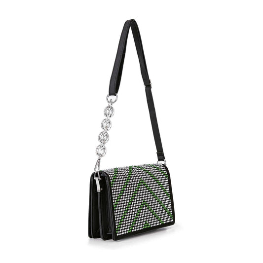 The Ultra Petite Sparkling Shoulder Bag is a faux leather design with a beaded chain strap, adjustable length, and a black exterior. The front flap features green and silver rhinestones in striking chevron stripes.