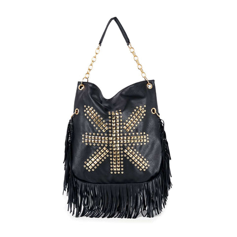 Studded Union Jack Design Fringed Hobo Handbag