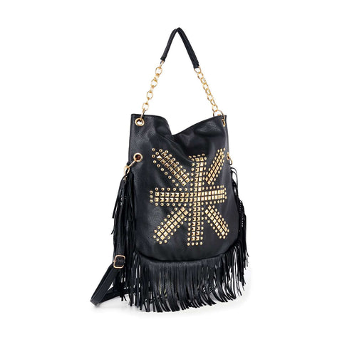 Studded Union Jack Design Fringed Hobo Handbag