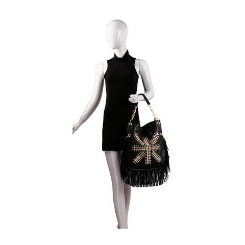 Studded Union Jack Design Fringed Hobo Handbag