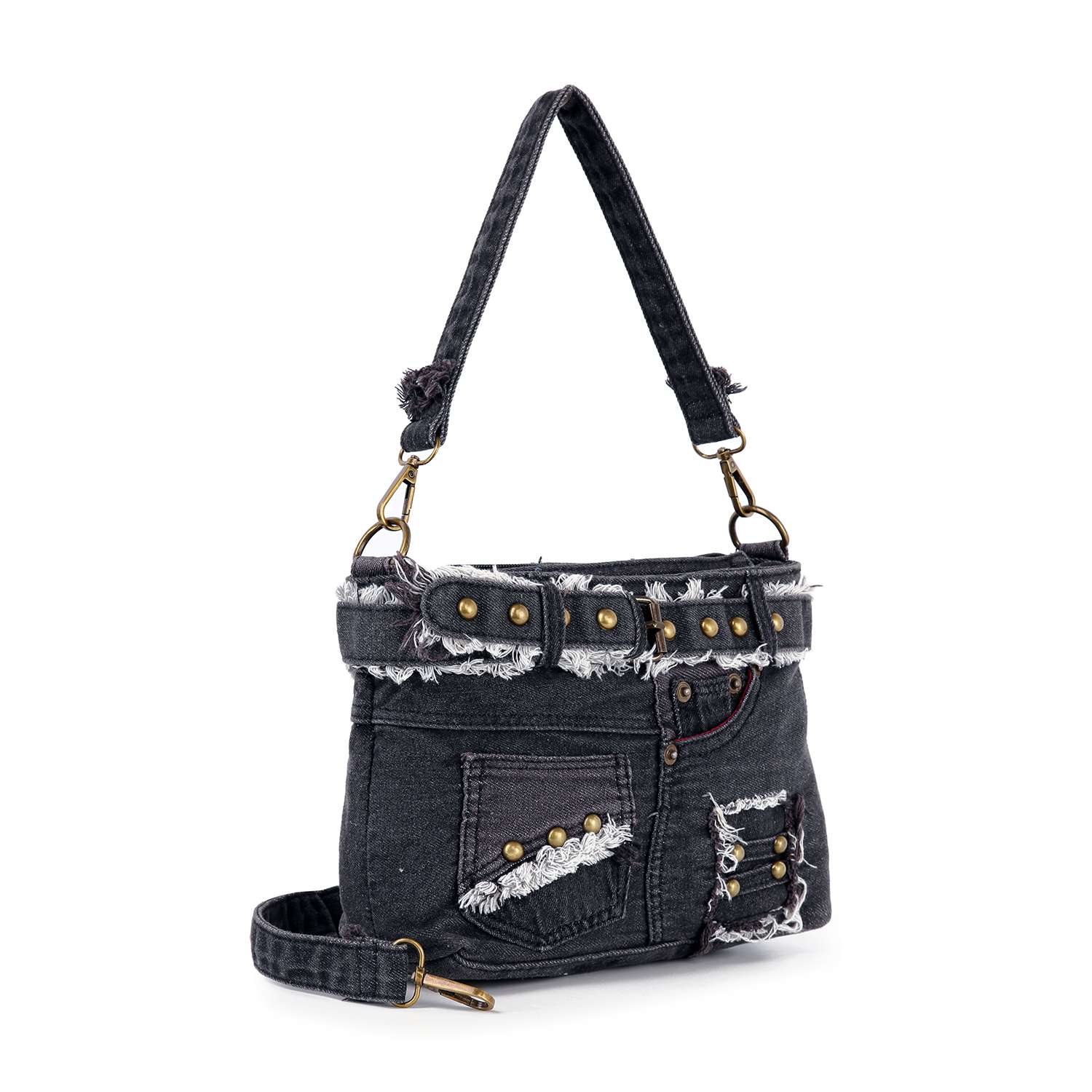 The Belted Denim Hobo Handbag is designed to mimic distressed black jeans, featuring frayed edges, belt loops, pockets, brass studs, and a detachable shoulder strap—an edgy twist on the classic denim bag.