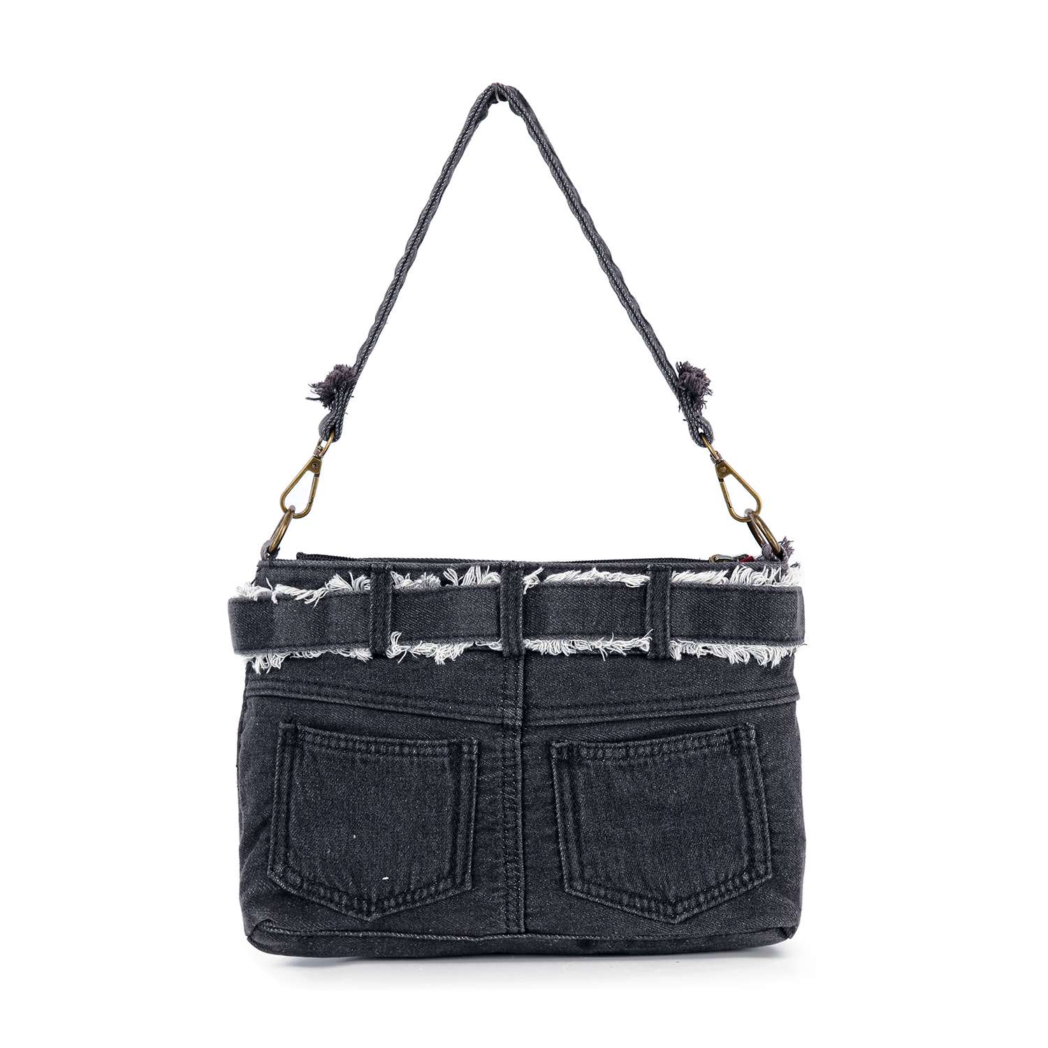 The Belted Denim Hobo Handbag is a black denim bag featuring a braided handle, frayed edges, decorative belt, and two jean-style front pockets.
