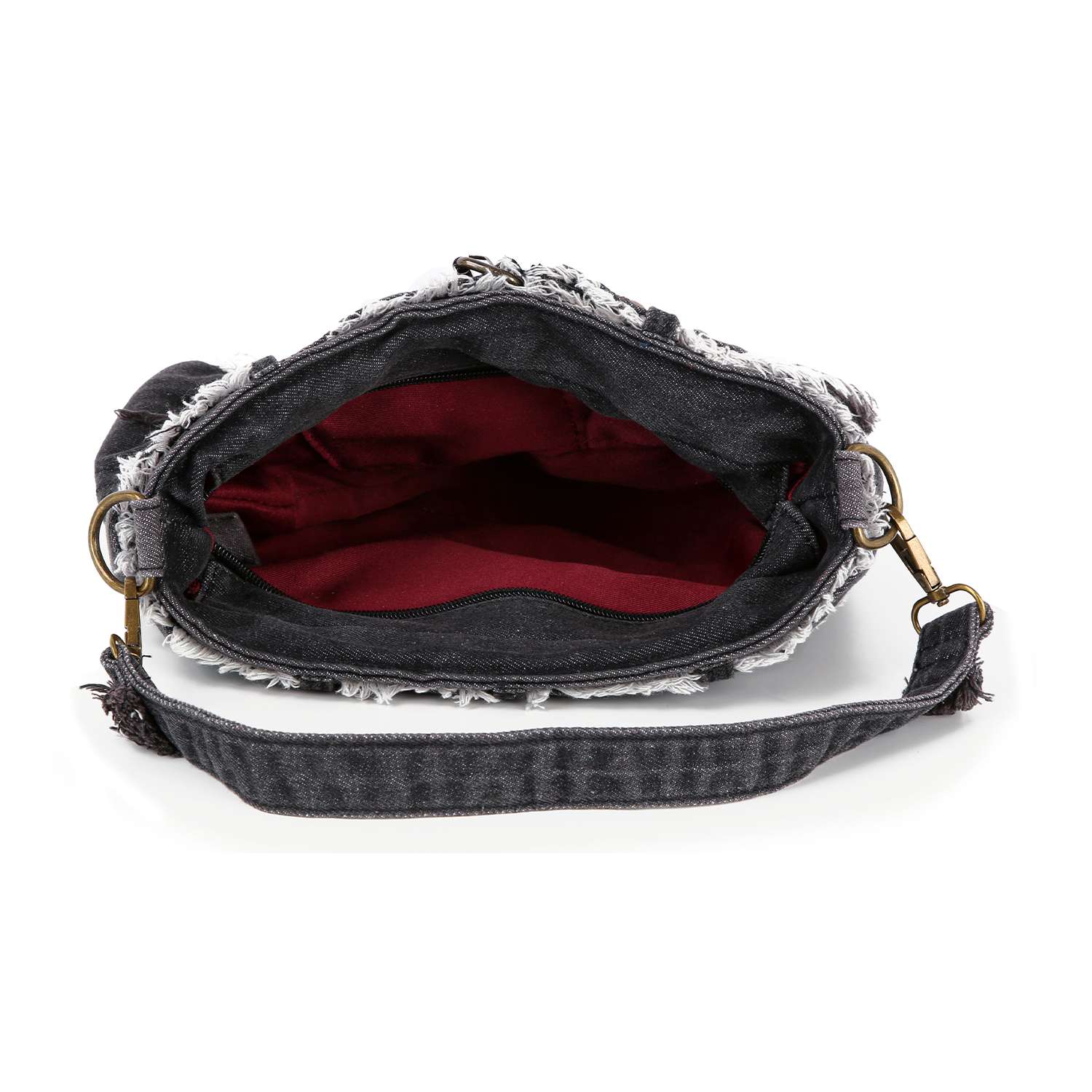 A top view of the Belted Denim Hobo Handbag with a frayed edge, deep red interior lining, and an adjustable strap with metal hardware. This versatile bag blends casual style with practical design.