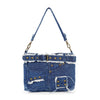 The Belted Denim Hobo Handbag features frayed edges, a top belt detail, brass studs, jean-style front pockets, and a matching denim shoulder strap for a unique and stylish look.