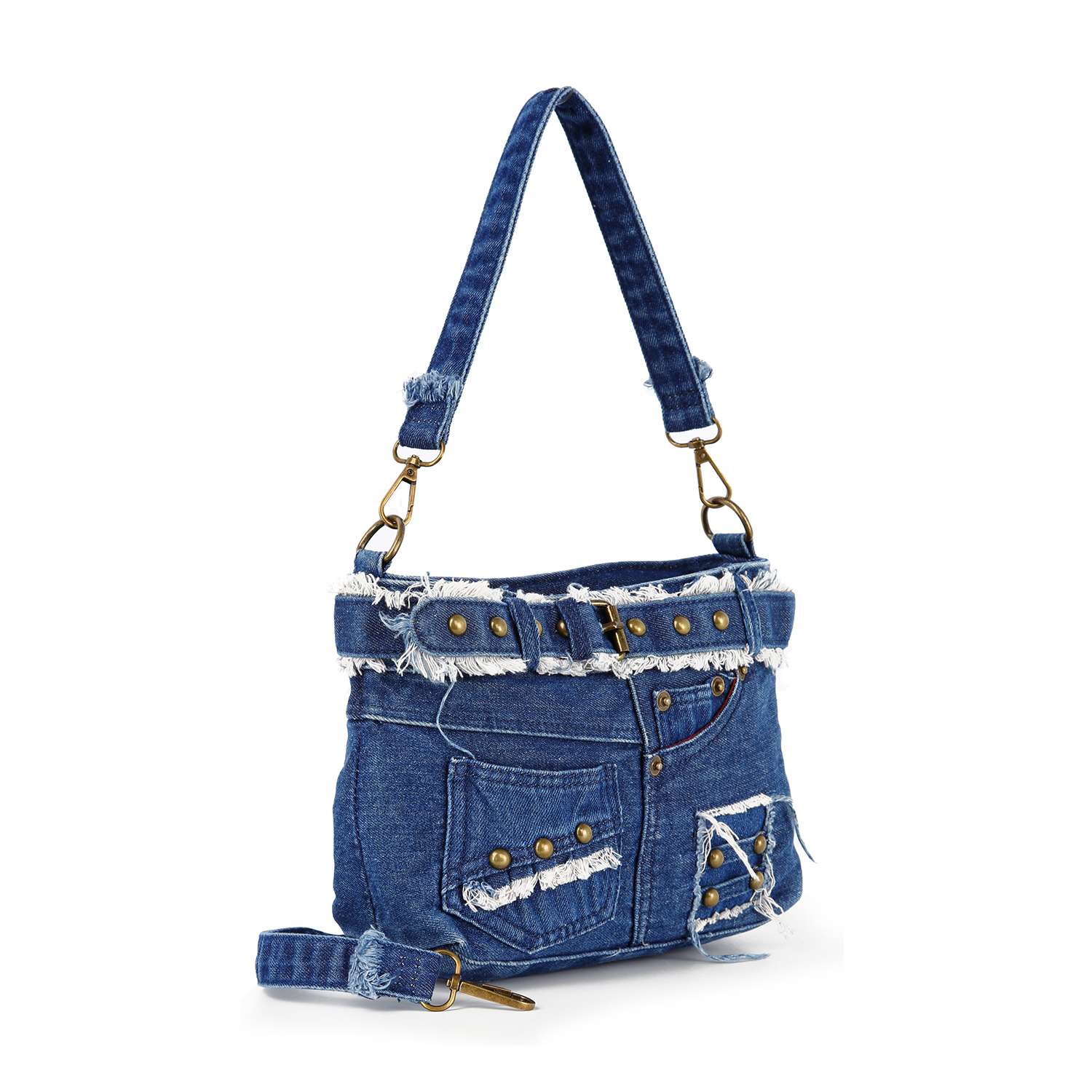 The Belted Denim Hobo Handbag resembles blue jeans with frayed edges, a belt, pockets, brass rivet accents, and two detachable straps—making this playful canvas purse a bold addition to any outfit.