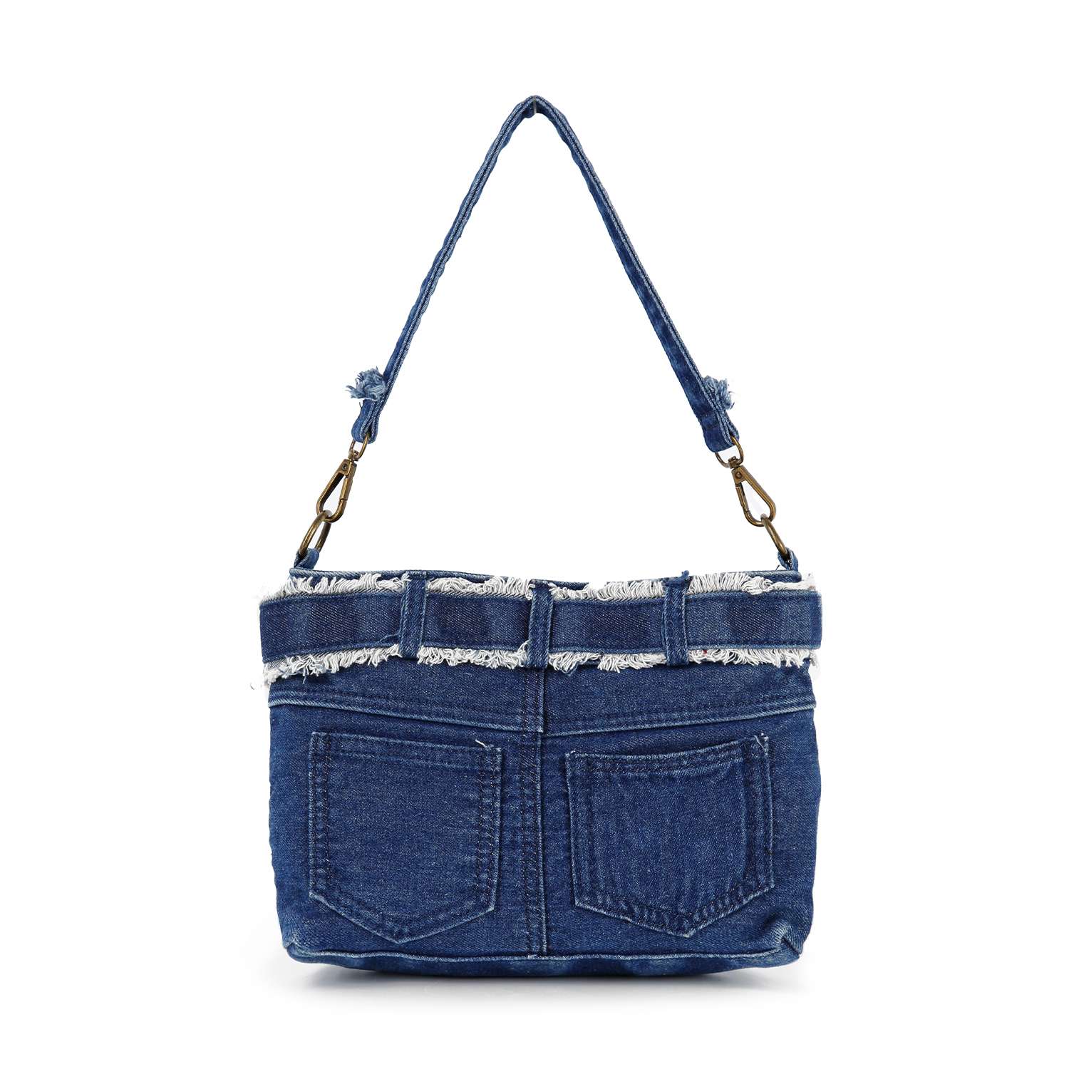 The Belted Denim Hobo Handbag is styled like the back of jeans, featuring two pockets, a belted design with loops, and a matching denim strap with metal clasps—a playful twist on the classic handbag.