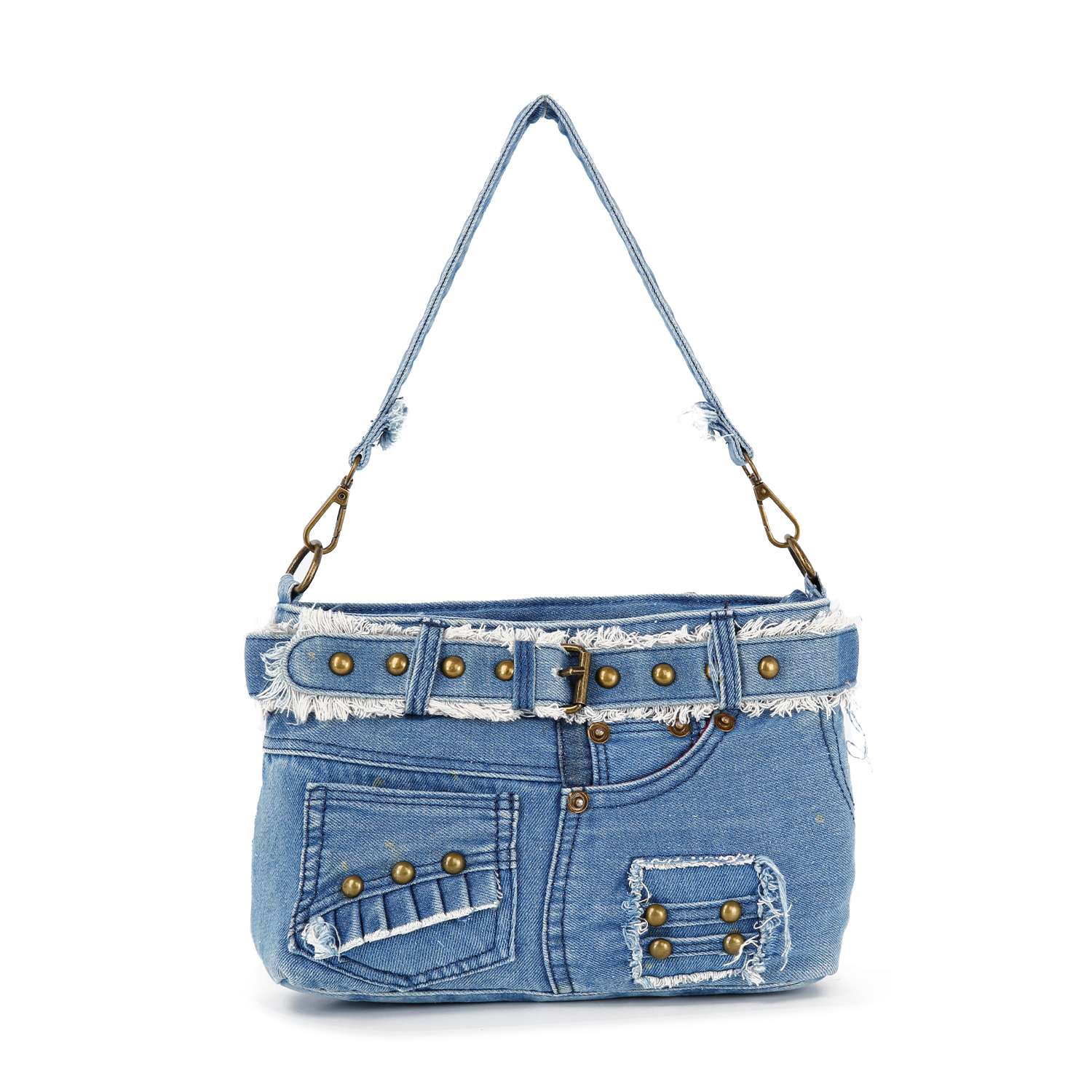 The Belted Denim Hobo Handbag features blue denim fabric with frayed edges, brass rivets, belt detail at the top, stitched pockets like jeans, a matching strap, and decorative stitching for a chic, casual style.