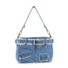 The Belted Denim Hobo Handbag features blue denim fabric with frayed edges, brass rivets, belt detail at the top, stitched pockets like jeans, a matching strap, and decorative stitching for a chic, casual style.