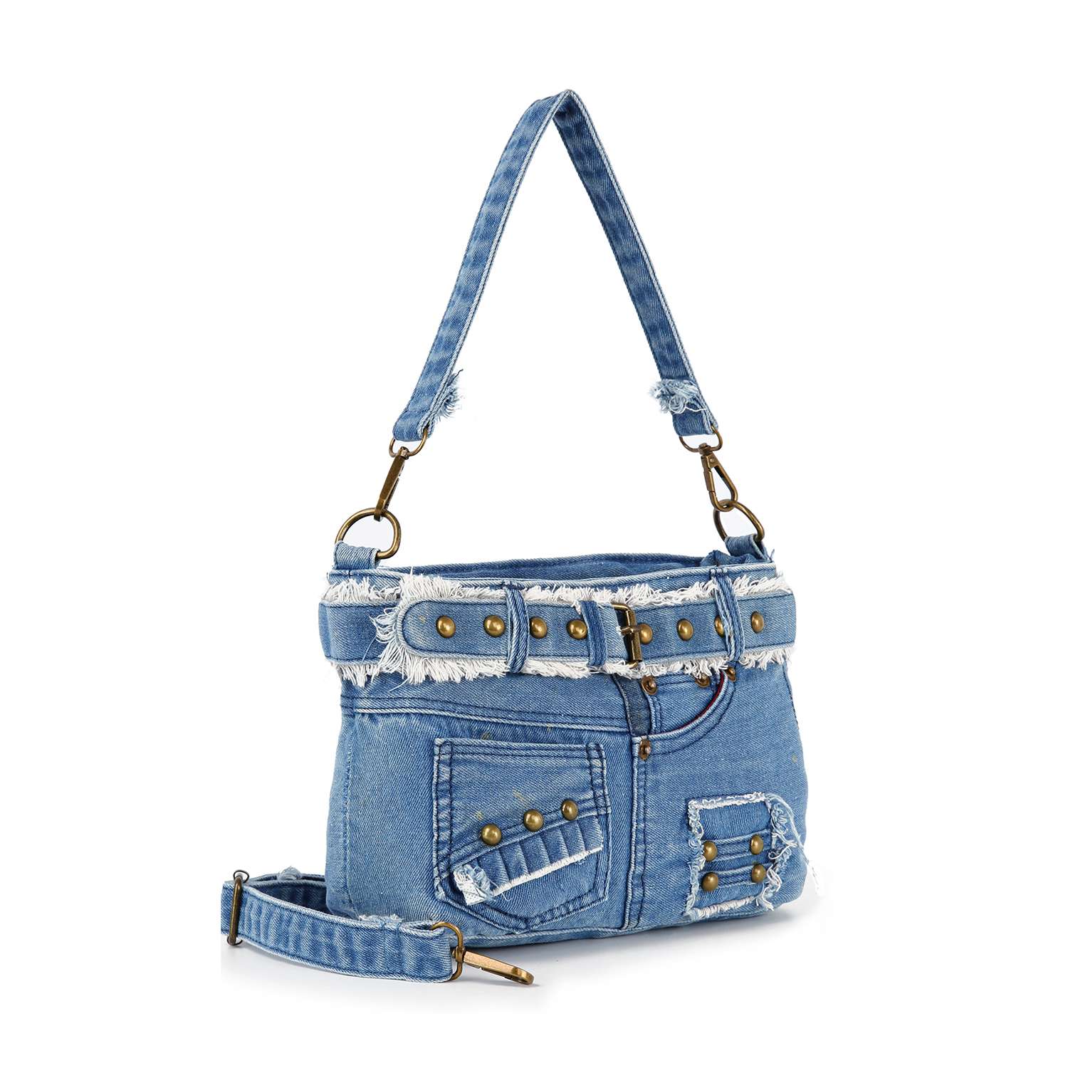 The Belted Denim Hobo Handbag resembles blue jeans, featuring frayed edges, a studded belt, a pocket detail, and an adjustable shoulder strap for versatile styling.