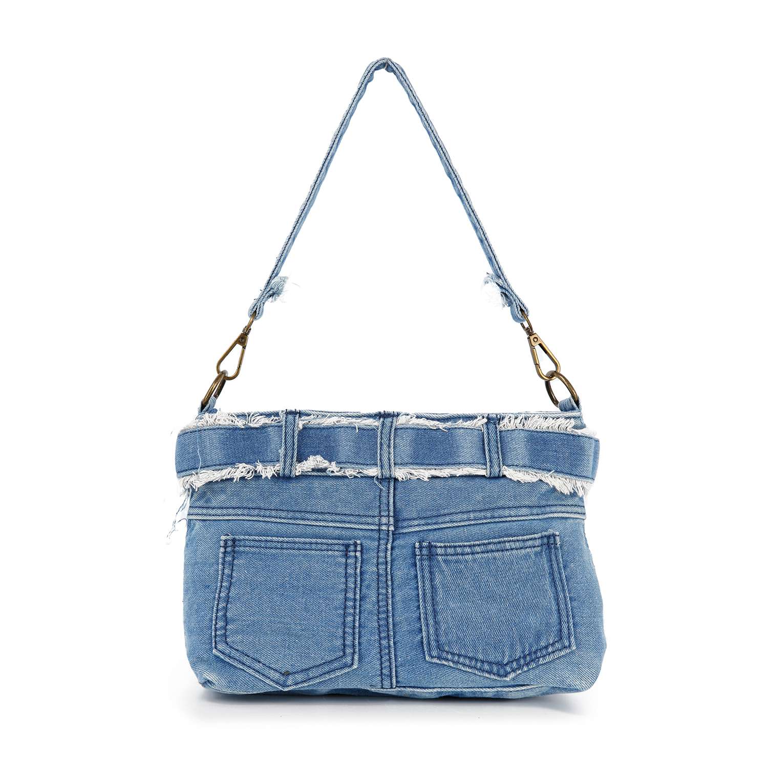 The Belted Denim Hobo Handbag is made from light blue denim, styled like jeans with belt loops, a frayed top edge, two back pockets, and a matching denim strap secured by metal clasps.