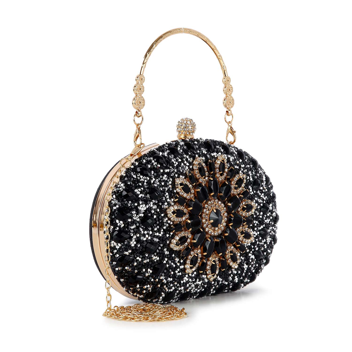 The Highly Decorative Retro Evening Bag is a black, oval-shaped evening bag with a gold chain handle, gold accents, and a sparkling floral gemstone pattern featuring intricate detailing.