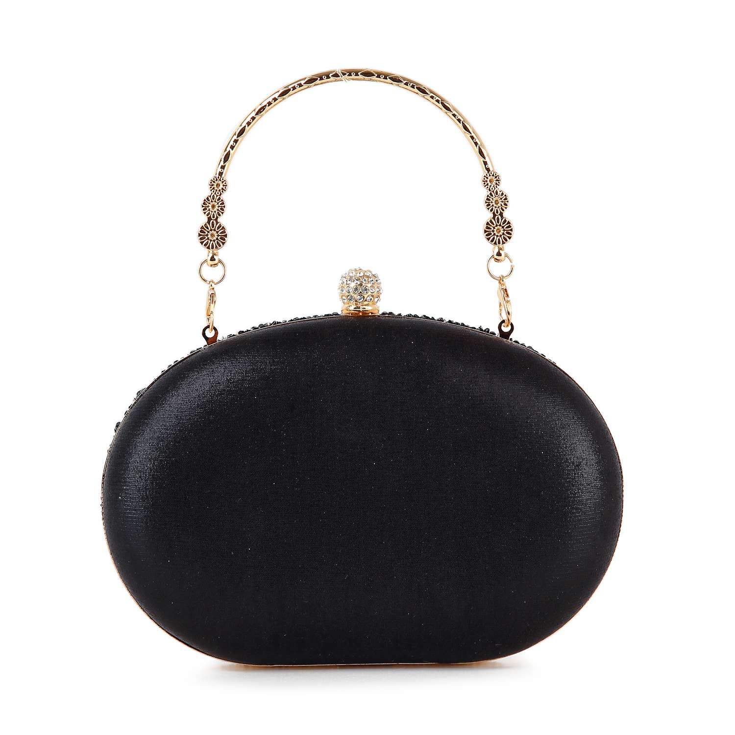 The Highly Decorative Retro Evening Bag features an oval black design with a textured surface, gold decorative handle, optional chain strap, and a jeweled round clasp—ideal for adding retro flair to any outfit.